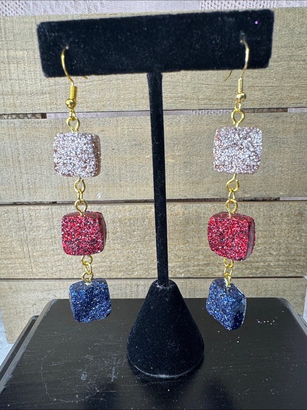 Handmade Glitter Triple-Drop Earrings - Gold, Red & Blue
